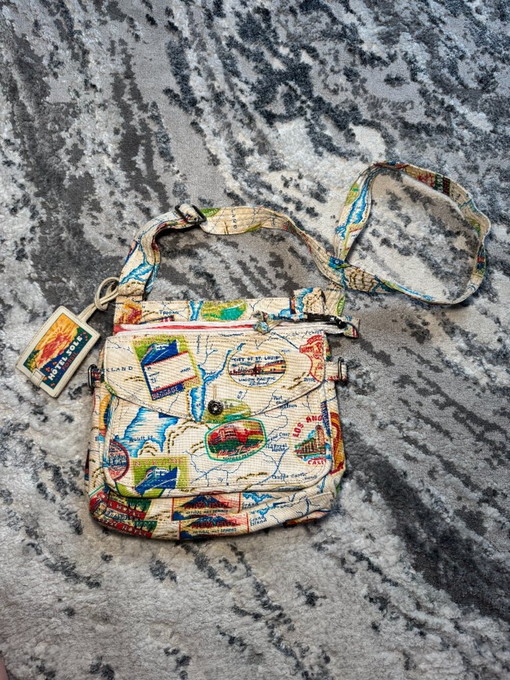 Fossil Multicolored Cream Canvas Crossbody Bag with Travel Tag Detail
